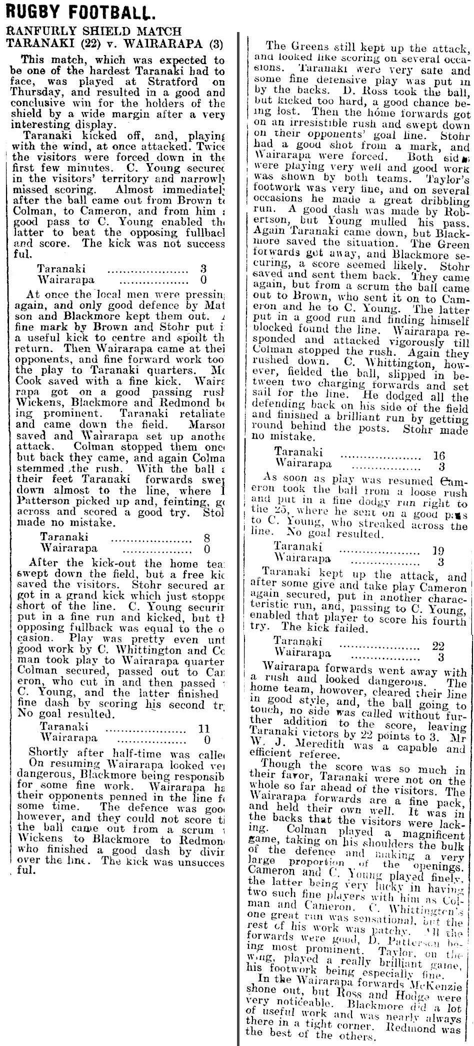 Match Report article as published Hawera & Normanby Star, Volume LXVIII, 14 August 1914