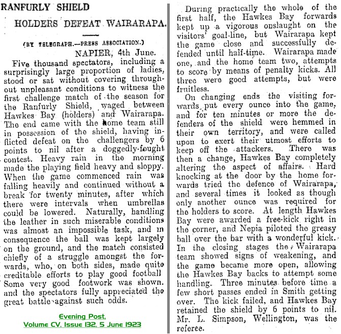 Match Report article - Evening Post, Volume CV, Issue 132, 5 June 1923